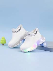 婴儿经典透气面料鞋面，英文文字条纹一脚蹬日常跑步鞋，四季皆宜 - 白色 - 查看 4