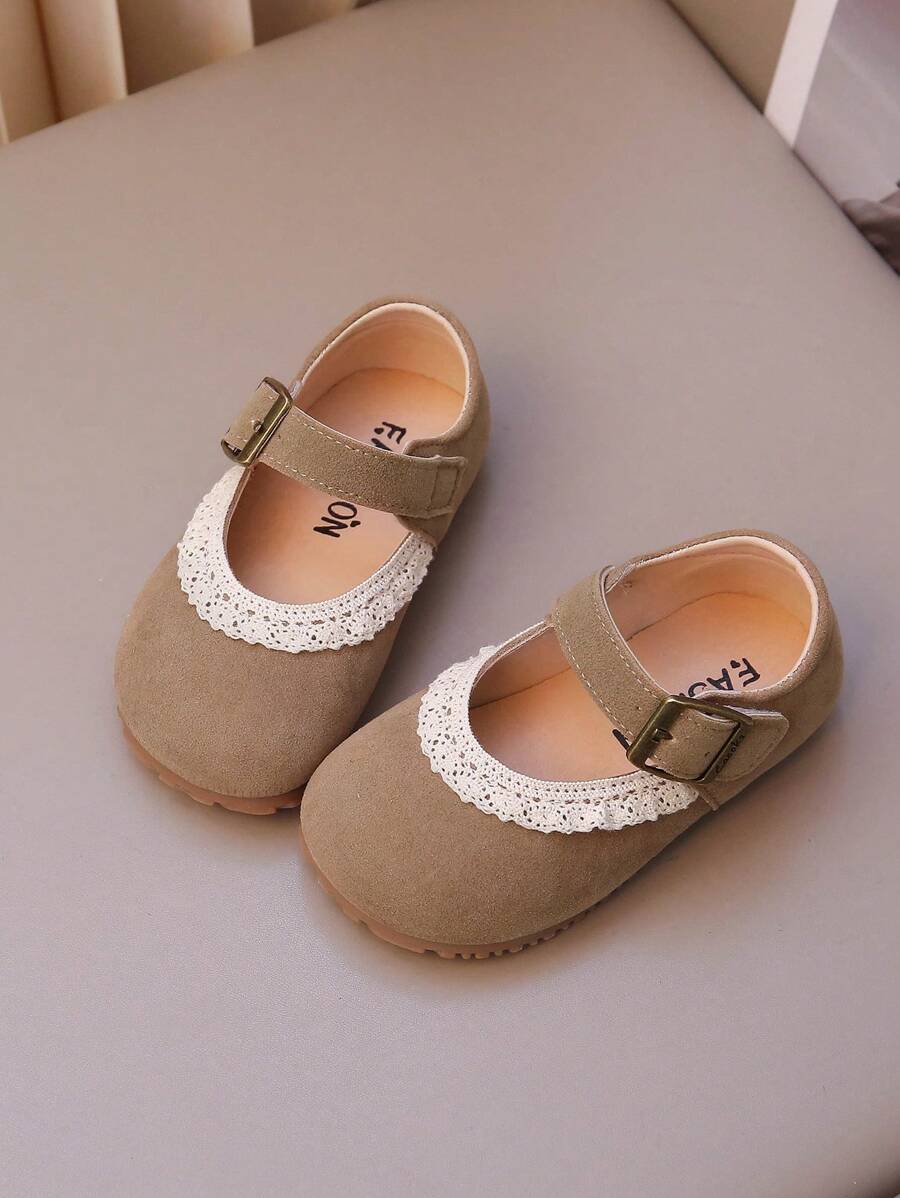 1 Pair Toddler Simple Lace Trim Flat Shoes, Comfortable Soft Sole Shoes, Loafers - Khaki - View 1