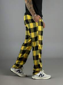 Plaid Winter Sports Wide Leg Pants 100% Premium Cotton Flannel Straight Street Unisex - 黃色 - 查看 2
