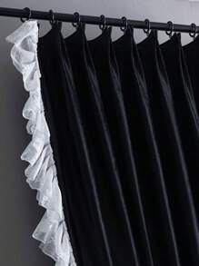 1 pieza Cortina premium de terciopelo negro con borde de encaje, elegante para villa, casa, sala de estar, decoración de dormitorio