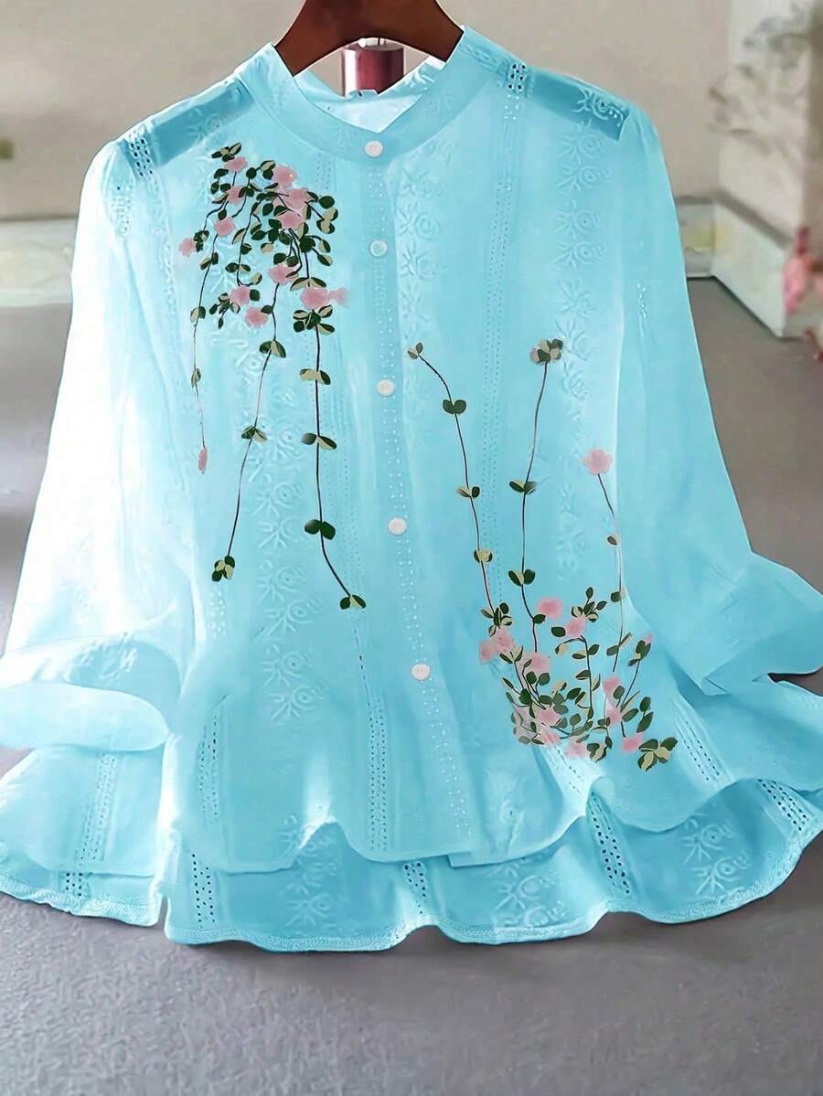 Camisa de manga larga para mujer con estampado simple - Azul - Ver 1