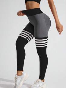 TCVC Leggings sportivi con vita a vita alta e arricciature, in colore lino rigato per donne, con alta elasticità e senza cuciture, ideali per yoga e attività indoor/all'aperto, con controllo della pancia e effetto push-up, casual e versatili