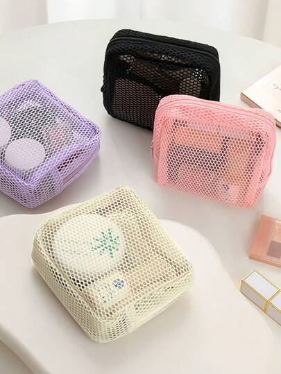 1 pieza Bolsa de malla transparente de gran capacidad, organizador de viaje portátil, bolsa de cosméticos, bolsa para maquillaje, bolsa para toallas sanitarias, estuche de almacenamiento versátil