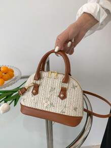 复古贝壳草编手提包，优雅网眼女士单肩包，主要材质 PU，配件草编和网眼