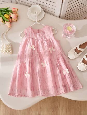 Girls Pink Princess Dress With Bow Decor, Korean Style Summer Chiffon Dress, Beautiful Birthday/Party/Holiday Gift