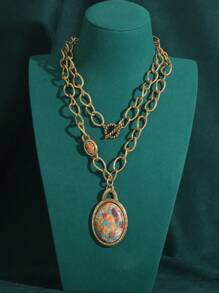 Juego de joyas vintage chapado en oro de 18 quilates con collar, aretes y anillo con diseño bohemio de conchas, mapa náutico y colorido