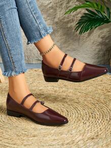 Xin Jing Shoes 女士平底鞋，时尚扣环休闲平底一脚蹬鞋，适合通勤和休闲 - 酒紅色 - 查看 3