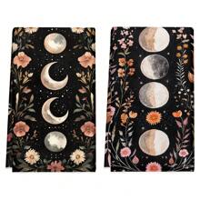 1set/2pcs Bohemian Floral Moon Pattern Towel - Super Soft Polyester, Machine Washable, Vintage Coffee Table Theme, Woven Rectangular Kitchen/Bathroom/Napkins, Home Decor, Ideal Gift For Coffee Lovers, Gift, Perfect For Holiday Party Decorations
