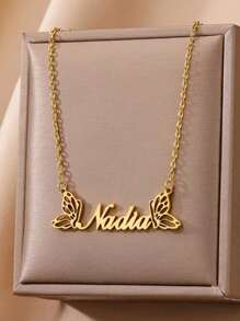 [Customized] Girl Double Butterfly Customized Name Necklace Stainless Steel Personalized Butterfly Decor Pendant Necklace, Fashion, Autumn, Minimalist, Cute, Casual Customized, Unique Gift For Girlfriend, Mom, Family, Friend, Daughter, Anniversary, Valentine's Day, Mother's Day, Birthday, Graduation, Daily Wear, Wedding, Prom