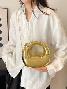 1-Piece Simple And Versatile High-Quality Acrylic Glossy Crescent Chain Crossbody Small Bag For Women, Suitable For Daily Shopping, Dating, Vacation, Work And Commuting, Women's Fashionable Shoulder Crossbody Bag - Gold - View 8