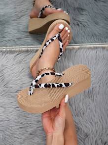 Women's Wedge Flip Flops Sandals, Low Heel Thong Sandals, Open Toe, Black, Camel Color, Multi-Color, Beach Vacation Style, Casual Wear For Summer, Leopard Print Lace-Up - Camel - View 2