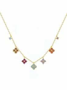 Light Luxury Flowers Lucky Four-Leaf Clover Necklace For Women Colored Sterling Silver Clavicle Necklace Suitable For Weekday Clothing Gift For Friends