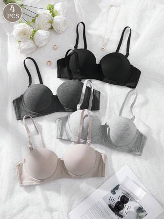 4件女士舒适睡眠彩色钢圈柔软半杯纯色聚拢钢圈文胸[适合小胸围]