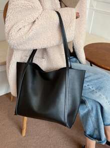 Large Capacity Fashionable Tote Bag, Solid Color Simple And Stylish - Black - View 6