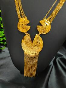 2PCS Women's Gold Plated Long Tassel Necklace And Earring Jewelry Set, /African/Dubai Bride Wedding Party Occasion, Valentine's/Mother's/Easter Day Gift, Necklace And Earrings Set - Yellow Gold - View 3