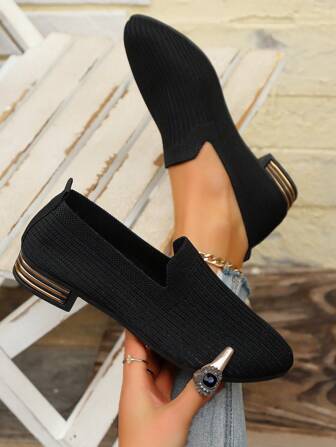 Women's Pointed Toe Low Chunky Heel Knitted Flats, Black Pointed Toe Comfortable Breathable Casual Shoes, Versatile Fashion Outdoor Street Style