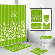 1/4pcs Colorful Rabbit, Egg, Happy Letter, Floral Print On Green Background, Easter Elements Waterproof Shower Curtain Set With 12 Hooks, Waterproof Polyester Fabric, Machine Washable, Rustproof Grommets Top, Unlined Woven Shower Curtain, Suitable For Bathroom Decor, Home Decor Bathroom Accessories