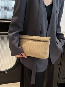 Túi xách thời trang màu trơn, túi vuông dung tích lớn bằng da PU có nắp gập và khóa nam châm, họa tiết da cá sấu, túi đa năng dự tiệc, thích hợp cho phụ nữ đi du lịch và mua sắm. - Màu Khaki - Xem 8