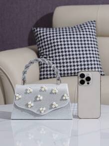 迷你珍珠手提包斜挎包小方包可装手机和口红，时尚百搭女士派对活动钱包 - 銀色 - 查看 4