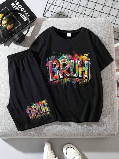 2 件装青少年男孩口号印花圆领 T 恤和短裤套装，春夏男孩休闲运动 T 恤软上衣