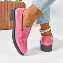 Women's Loafers, Casual Loafers, Versatile Loafers, Non-Slip Loafers, Glossy Leather Loafers, Classic Style, Versatile, Suitable For All Seasons - Pink - View 6