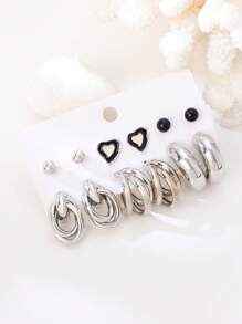 12pcs Fashion Elegant Unique Silver Heart/C-Shaped Earrings, Jewelry Set, Suitable For Women Everyday Wear - 12-piece Set - View 2