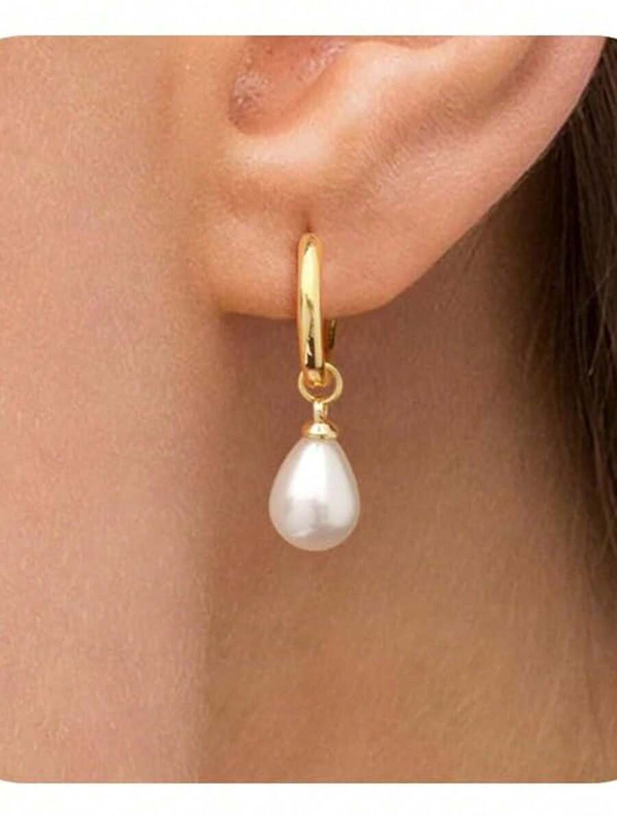 Pearl Earrings For Women, Dainty Gold Earrings 14K Gold Plated Pearl Drop Earrings Cute Pearl Hoop Earrings Hypoallergenic Dangle Pearl Earrings For Women Wedding Earrings For Brides
