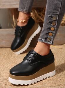 女士纯色系带方头厚底坡跟鞋，适合所有季节 - 黑色 - 查看 2