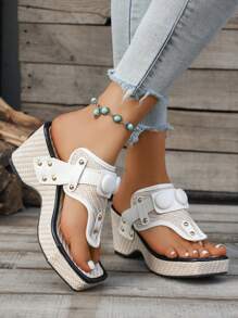 Women's Summer Square Toe Strap Buckle Outdoor Wear-Resistant Anti-Slip Rivet Roman Style Fashion Casual Wedge Platform Sandals