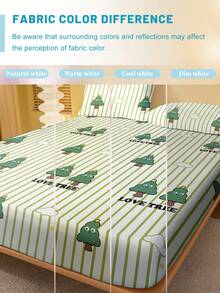 1pc Cartoon Cute Funny Plant Striped Green Tree Pattern Printed Brushed Fitted Sheet, Bedroom Printed Bed Cover, Mattress Cover, Mattress Protector, Bedding Set (Excluding Pillow Case) - Multicolor - View 5