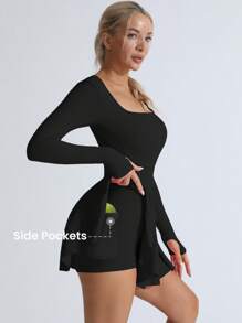 Women Seamless Knit Sports Pocket Dress, Solid Cross-Back Design, Long Sleeve Tennis Dress, Indoor/Outdoor Sports/Yoga, Skin-Friendly Fabric, Form-Fitting Shaping - 黑色 - 查看 5