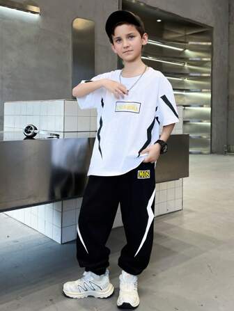 2pcs/Set Older Kids Boys Casual Lightning Print Short Sleeve T-Shirt + Long Pants Outfit, Summer
