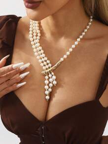 1pc Handmade Faux Pearl Beaded Women High-End Wedding Jewelry Necklace, Fashionable Style - Multicolor - View 2