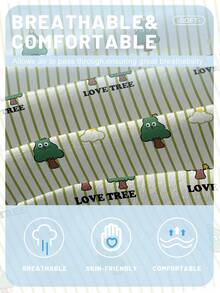 1pc Cartoon Cute Funny Plant Striped Green Tree Pattern Printed Brushed Fitted Sheet, Bedroom Printed Bed Cover, Mattress Cover, Mattress Protector, Bedding Set (Excluding Pillow Case) - Multicolor - View 6