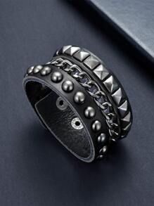 Punk Spiked Studded Bracelets Punk Leather Rivets Bracelet Cuff For Men Women Punk Rock Studded Bracelet Set, Black Leather Rivet Punk Bracelet Cuff Wrap Bangle Snap Button Metal Wristband & Gifts - Black - View 16