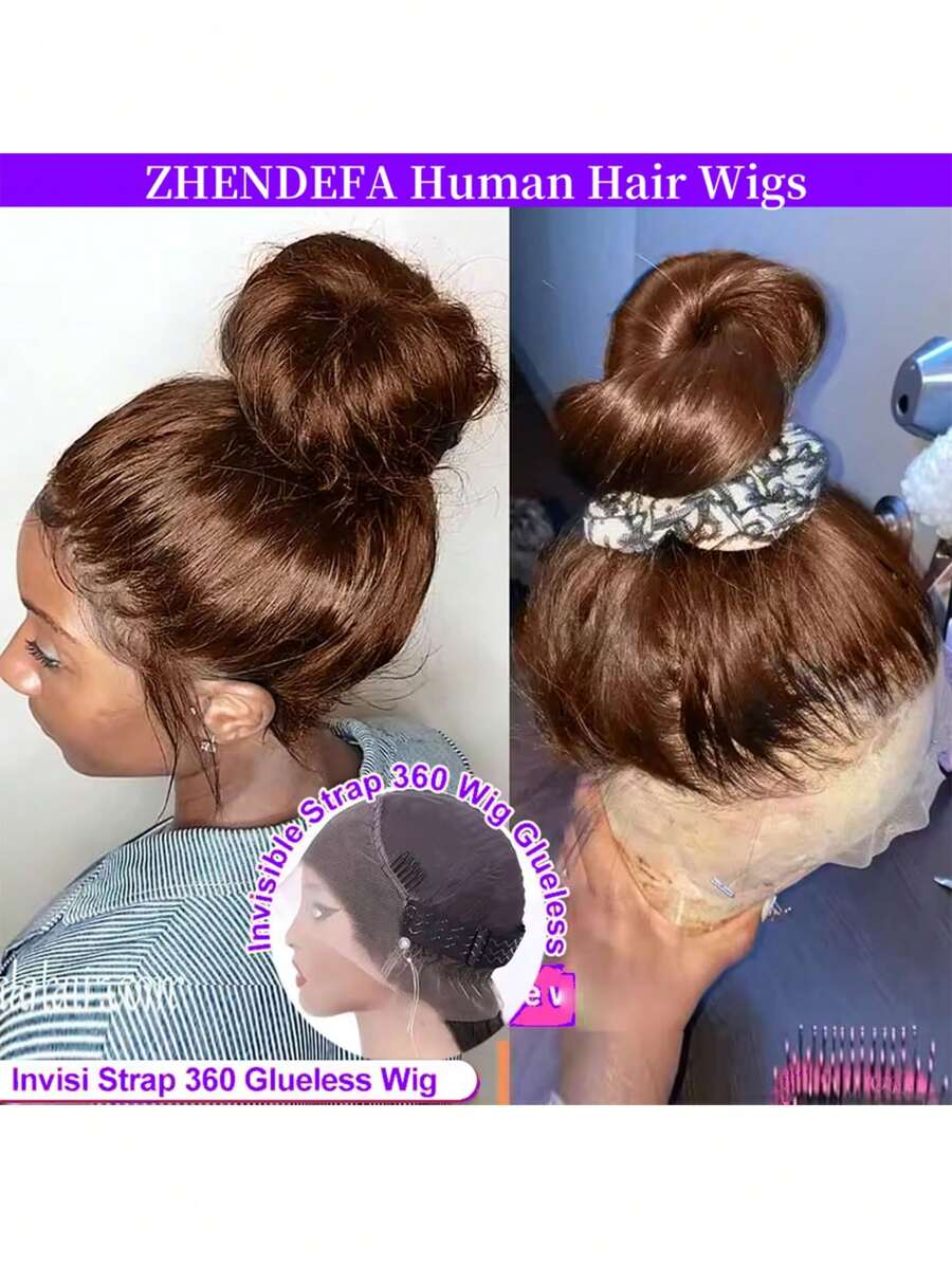 ZHENDEFA Invisi Strap 360 Full Lace Glueless Wig Chocolate Brown Colored Lace Frontal Wig 180 Density Straight Lace Front Human Hair Wig