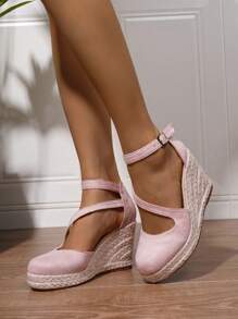Women's Minimalist Ankle Strap Espadrille Shoes, Vacation Faux Leather Pink Ankle Strap Rope Bottom Ladies Wedge Platform Sandals - Baby Pink - View 6