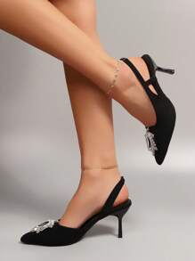 Tacones altos de mujer, tacones de aguja de punta fina para mujeres, zapatos casuales con hebilla, strass y en estilo de zapato bajo, zapatos negros formales de vestir para el trabajo, tacones sexy, sandalias de mujer con tiras huecas en la parte trasera