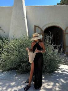 女士超长吊带连衣裙，休闲时尚，适合日常穿着及度假海滩活动 - 黑色 - 查看 4