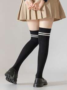 1 Pair Women High Elastic Solid Color & Striped Over-The-Knee Socks, Suitable For School, Commuting, Home, Party, Dating, Holiday Gift - Black and White - View 2