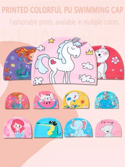1 件装卡通泳帽，男女通用，防滑舒适护耳，可爱卡通印花布帽