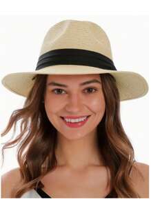 1pc Adult Panama Hat Windbreak Rope Top Hat Sun Hat English Sun Hat Foldable Beach Hat
