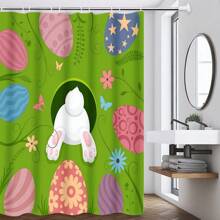 1/4pcs Colorful Rabbit, Egg, Happy Letter, Floral Print On Green Background, Easter Elements Waterproof Shower Curtain Set With 12 Hooks, Waterproof Polyester Fabric, Machine Washable, Rustproof Grommets Top, Unlined Woven Shower Curtain, Suitable For Bathroom Decor, Home Decor Bathroom Accessories