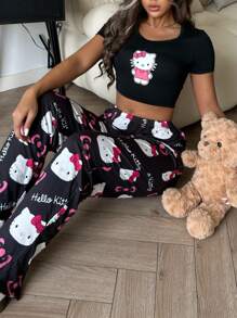 2pcs Print Women Short Sleeve Top + Elastic Waist Pants Pajama Set, Two Pieces Set - View 3