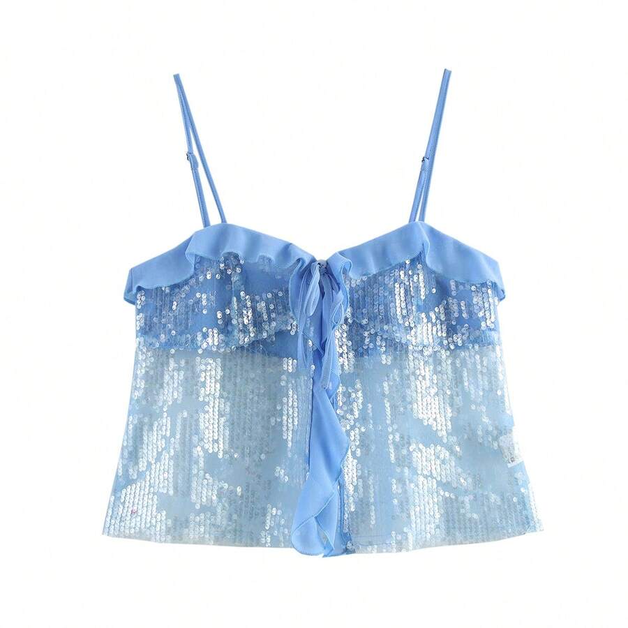 ZEVITY Áo ba lỗ chắp vá sequin dành cho nữ #2501 - Màu xanh lam - Xem 1