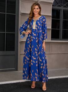 Women's Printed Dress Evening Long Dress With Embroidered Lace V Neck Robe Dubai Morocco - Blue - View 4