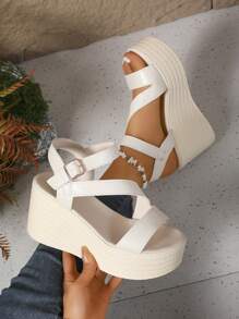 女士纯色厚底系带舒适露趾坡跟凉鞋，适合休闲装或派对装 - 米色 - 查看 5