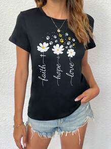 Faith Hope Love Simple Daisy Flower Crew Neck Short Sleeve Tee - Black - View 4