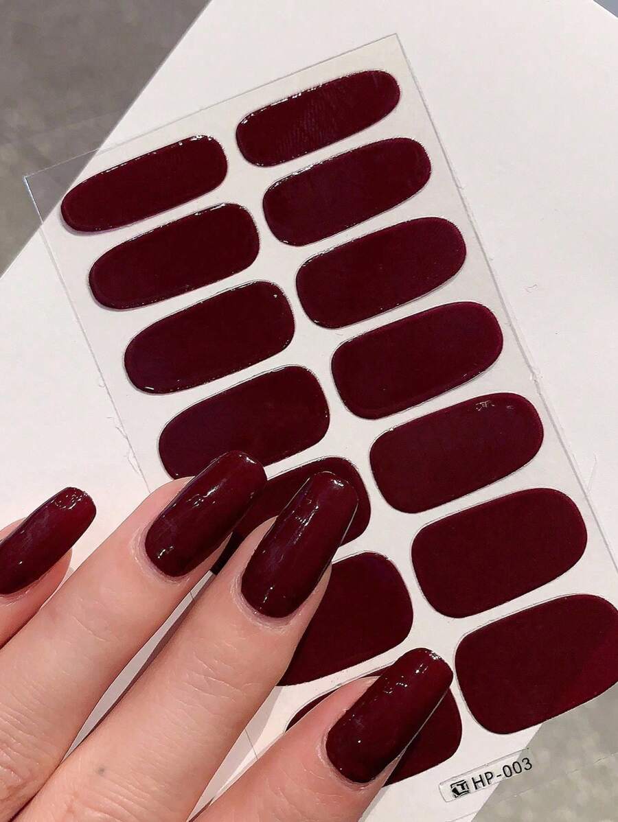 女士自粘指甲贴，多色可选，防水全指甲覆盖艺术贴纸，指甲贴，易于使用，无需去除指甲油，适用于节日和派对装饰，时尚 - 酒紅色 - 查看 1