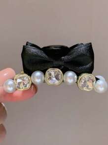 1pc Kids Minimalist Rhinestone Bow Hairclip, Fashionable Side Hairpin For Girls